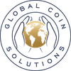 The logo for global coin solutions shows two hands holding a globe.