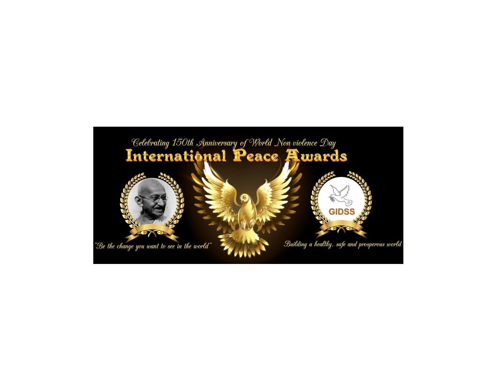 A poster for the international peace awards with a picture of mahatma gandhi