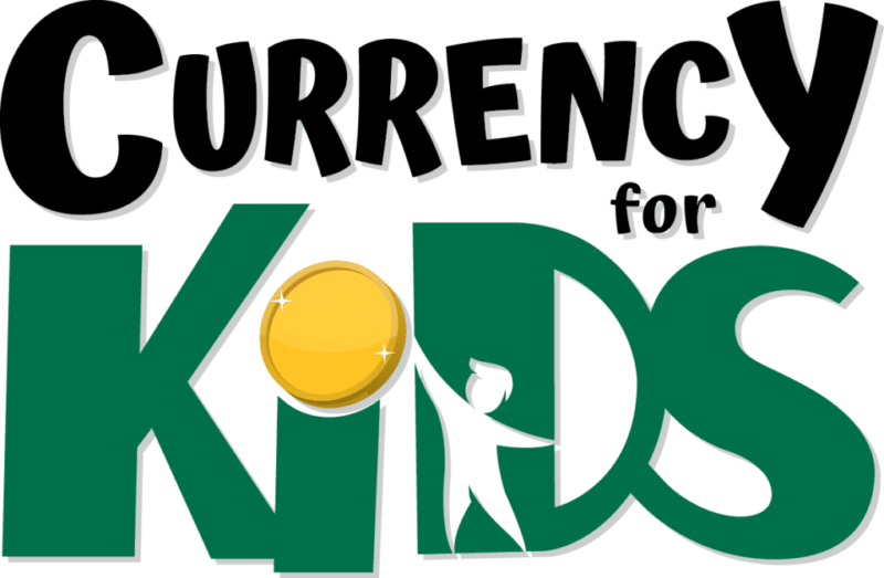 A logo for currency for kids with a child holding a coin