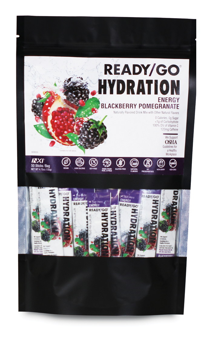 A 50 sticks bag of Ready/Go® Hydration ENERGY BlackBerry Pomegranate.