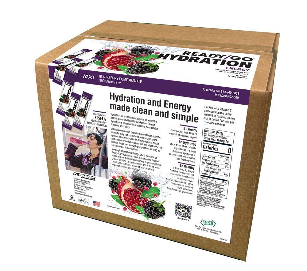 A 500 sticks box of Ready/Go® Hydration ENERGY BlackBerry Pomegranate.