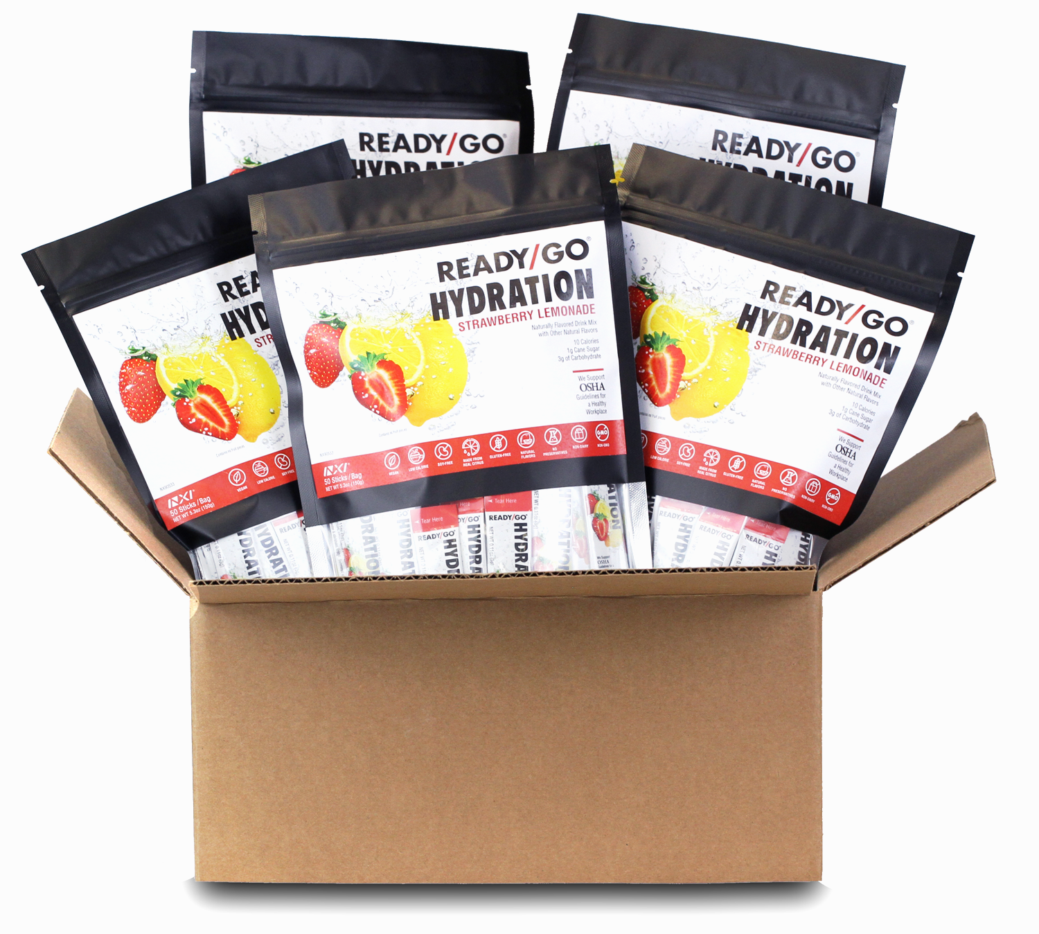 A Ready/Go® Hydration Distributor Welcome Pack including 5, 50 stick bags of each of 4 flavors.