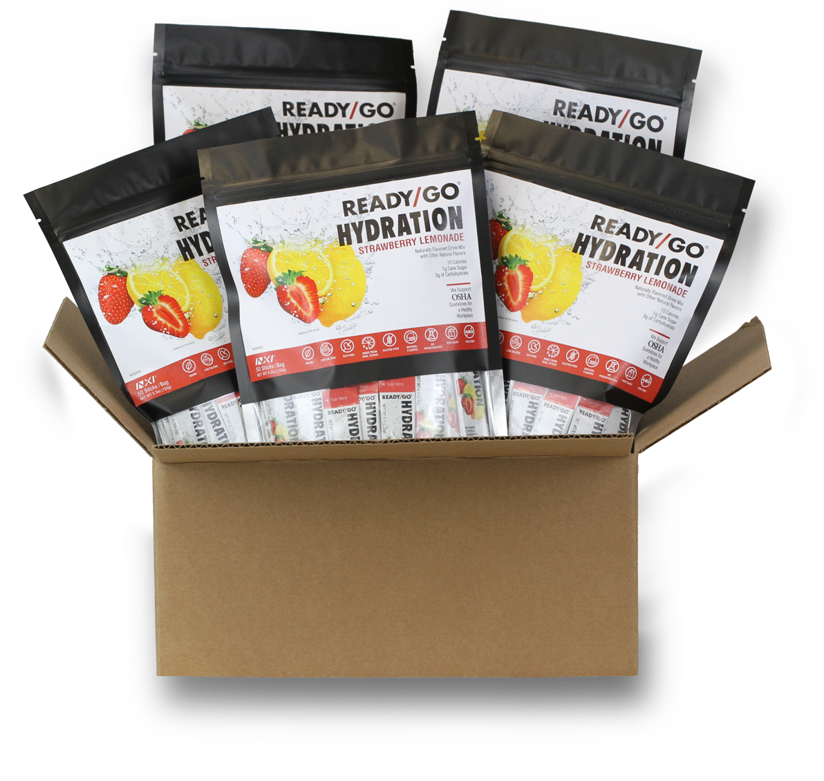 A Ready/Go® Hydration Distributor Welcome Pack including 5, 50 stick bags of each of 4 flavors.