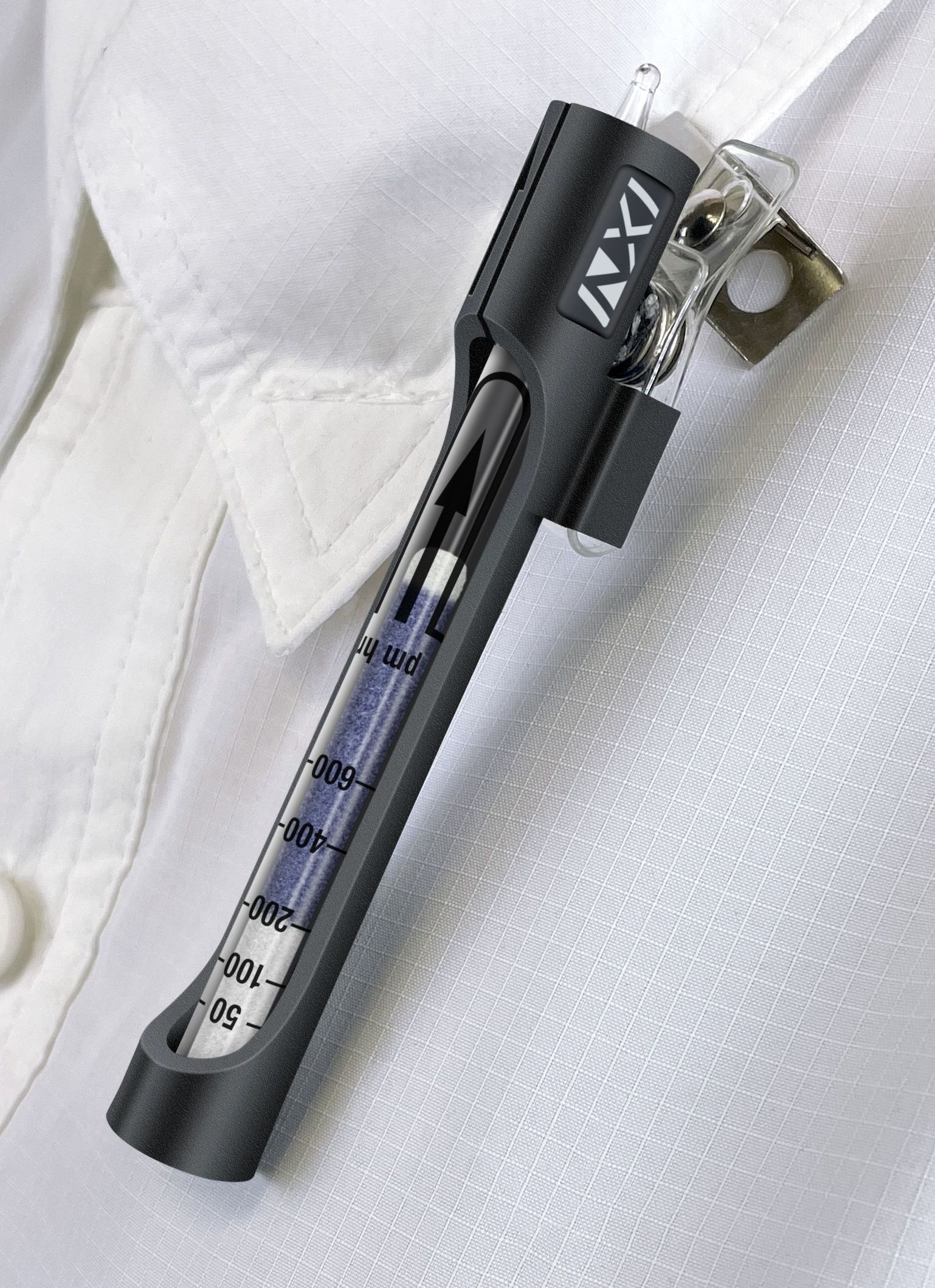The Nextteq® dosimeter tube holder is clipped easily to workers’ clothing for true breathing zone measurements.