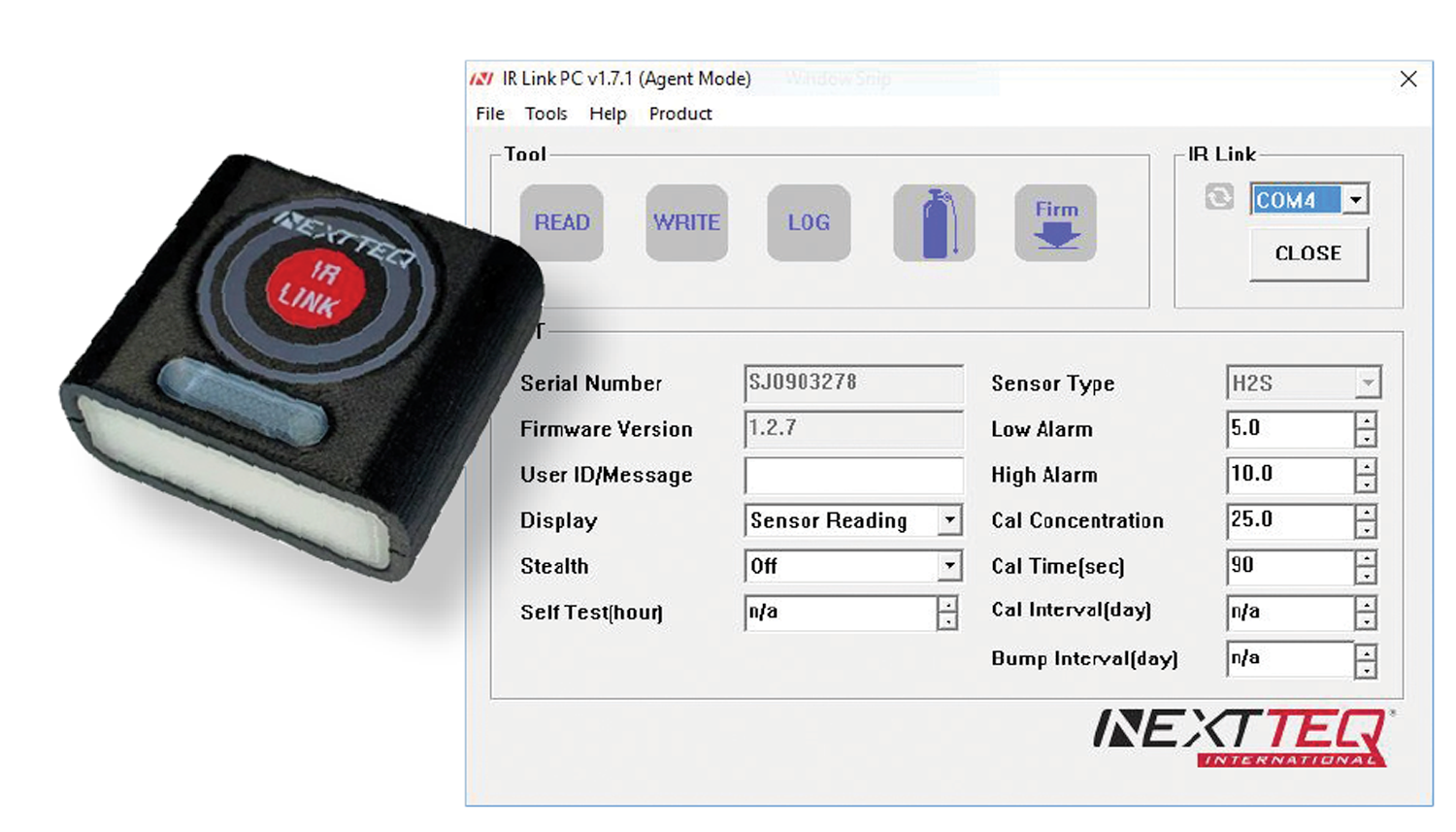 A Nextteq® IR Link device on top of a screen capture of the NXS or NXM Communication Software.