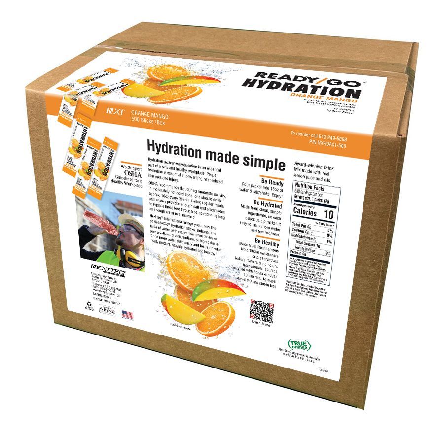 A 500 sticks box of Ready/Go® Hydration Orange Mango.
