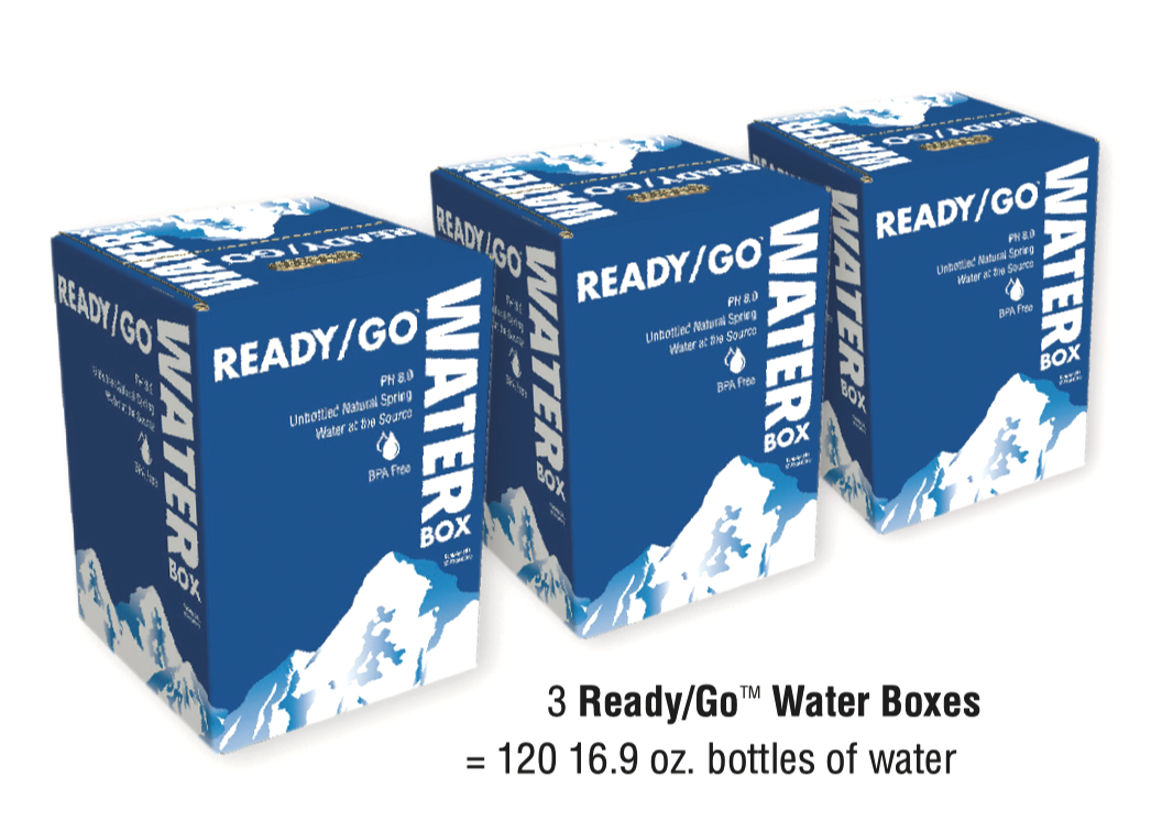 A row of three, 5 Gallon Ready/Go® Water Boxes.