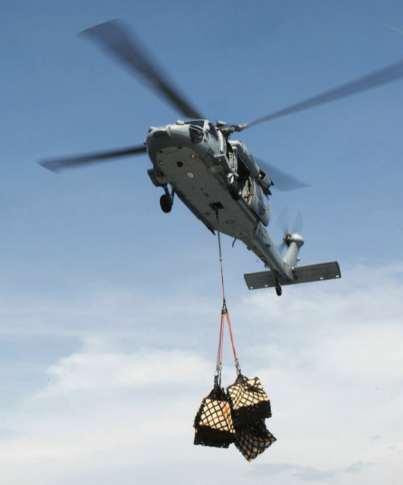 A helicopter delivering pallets of Ready/Go® Water Boxes.