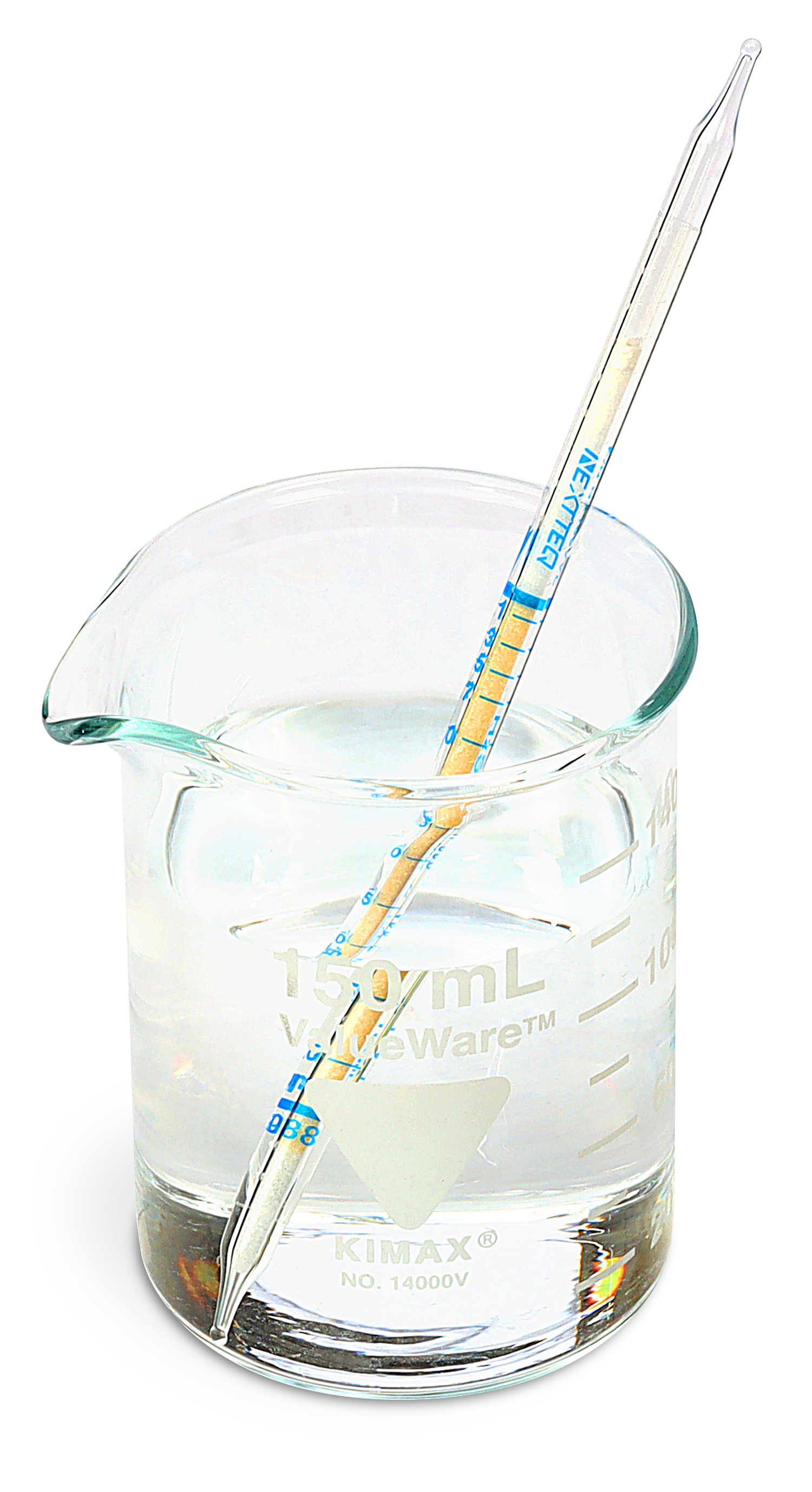 A Nextteq® brand-labeled solution detector tube in a beaker of clear liquid.