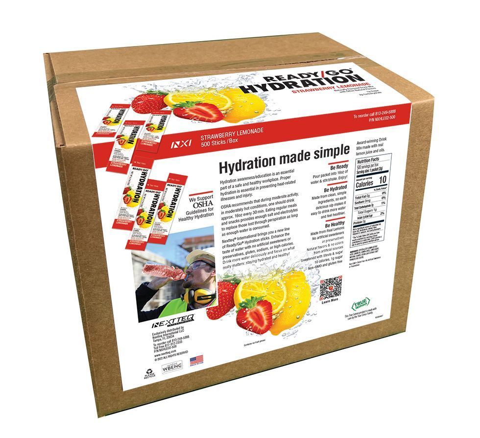 A 500 sticks box of Ready/Go® Hydration Strawberry Lemonade.