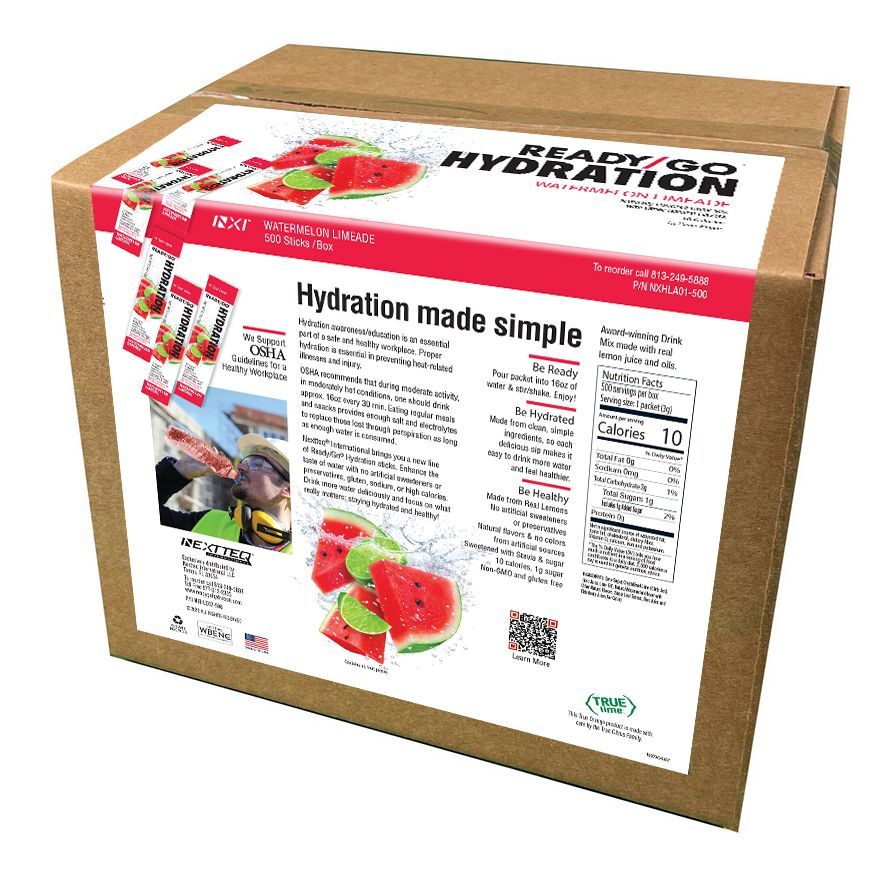 A 500 sticks box of Ready/Go® Hydration Watermelon Limeade.