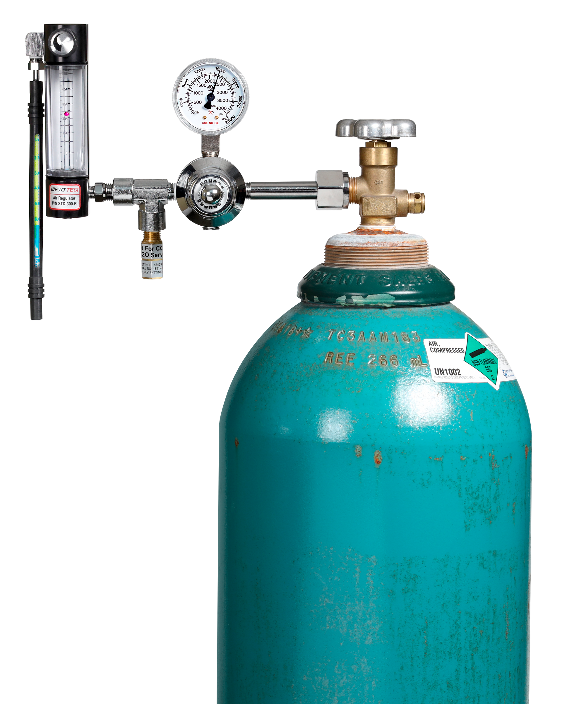 A tank of compressed air with the Nextteq® Regulator and Flow Meter Assembly attached to it.