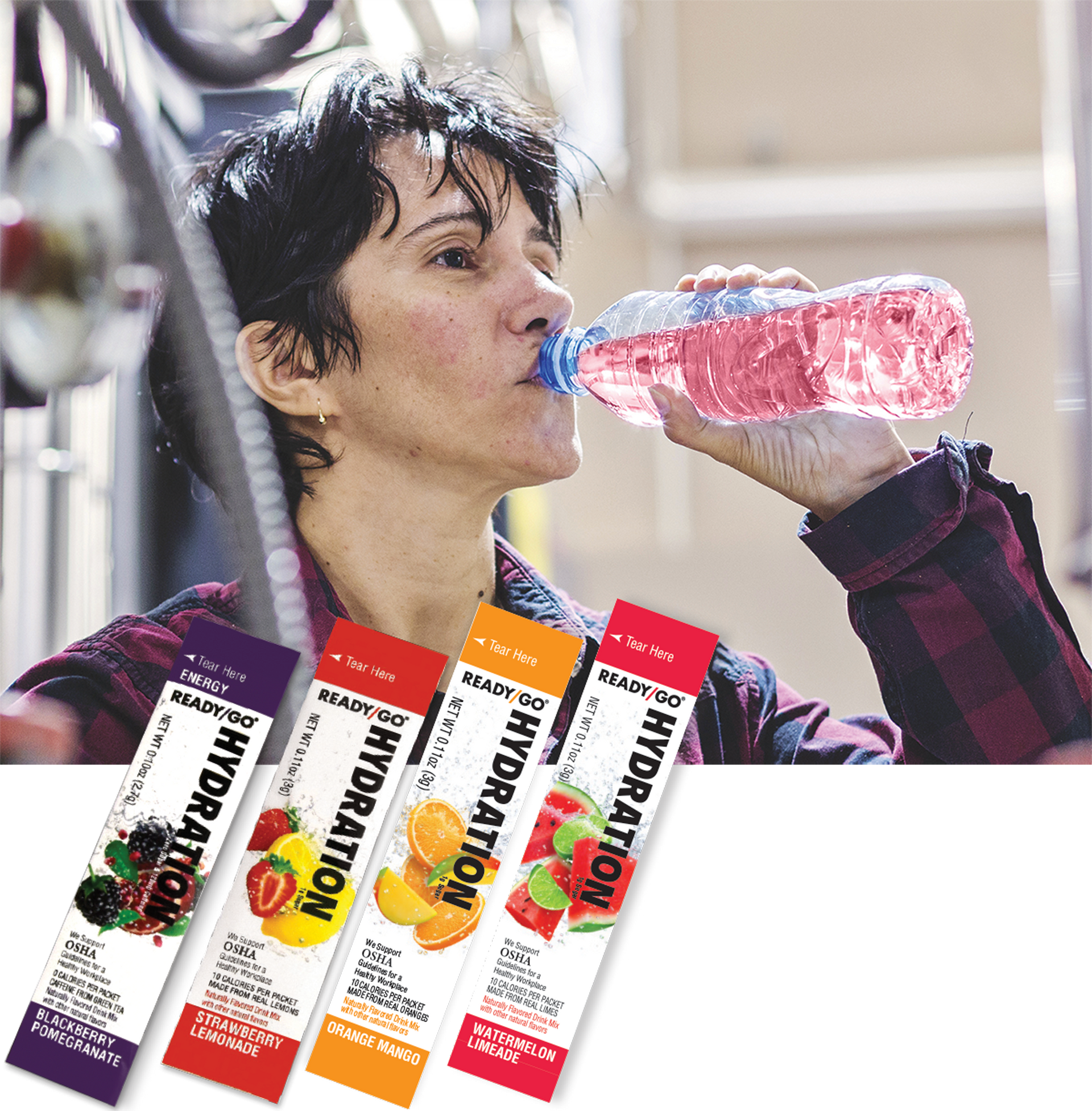 A woman staying hydrated by using a Ready/Go® Hydration drink mix with an overlay image of four packets of Ready/Go® Hydration drink mix - one each of the four flavors; Strawberry Lemonade, Orange Mango, Watermelon Limeade and ENERGY Blackberry Pomegranate.