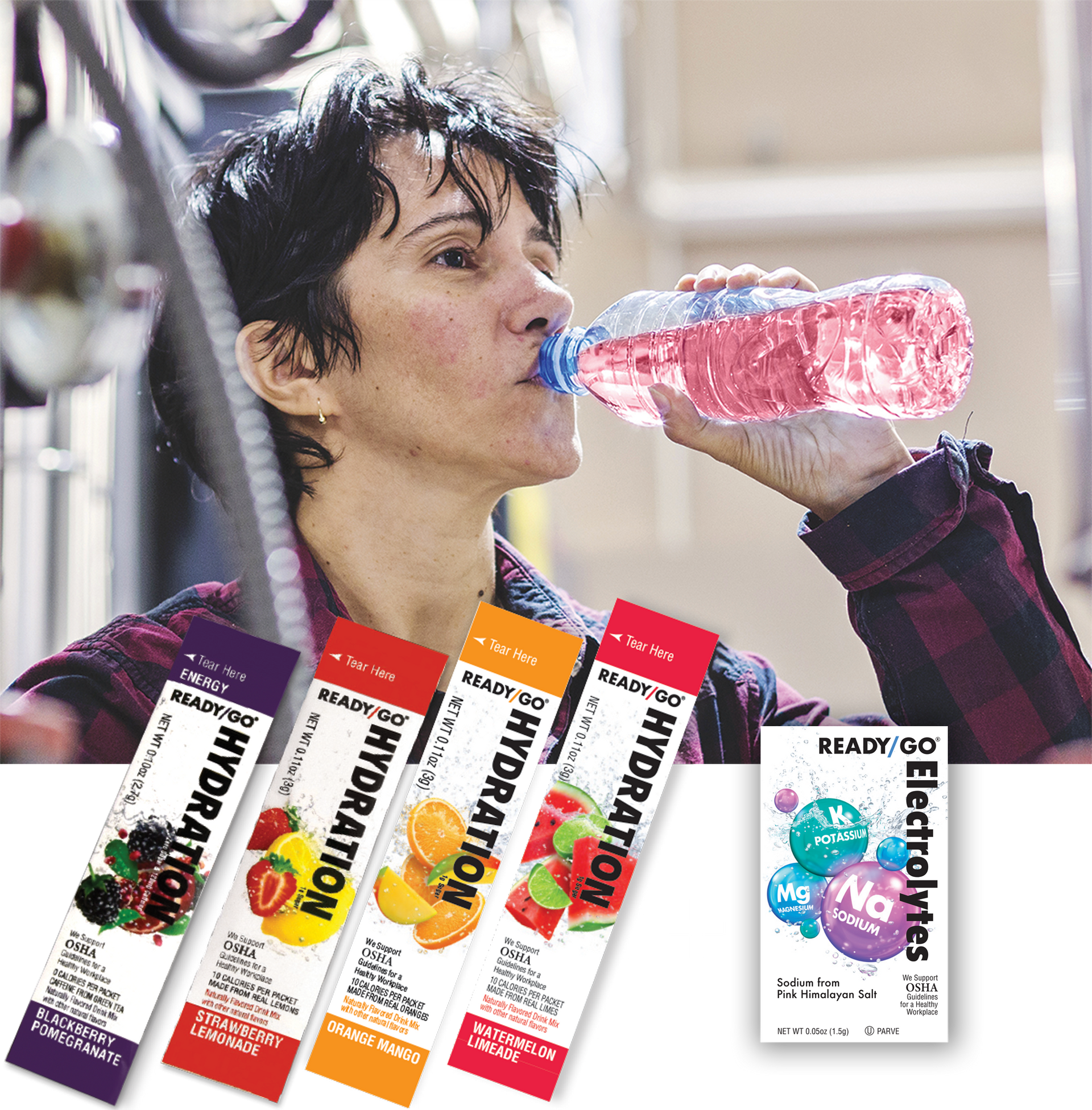 A woman staying hydrated by using a Ready/Go® Hydration drink mix.