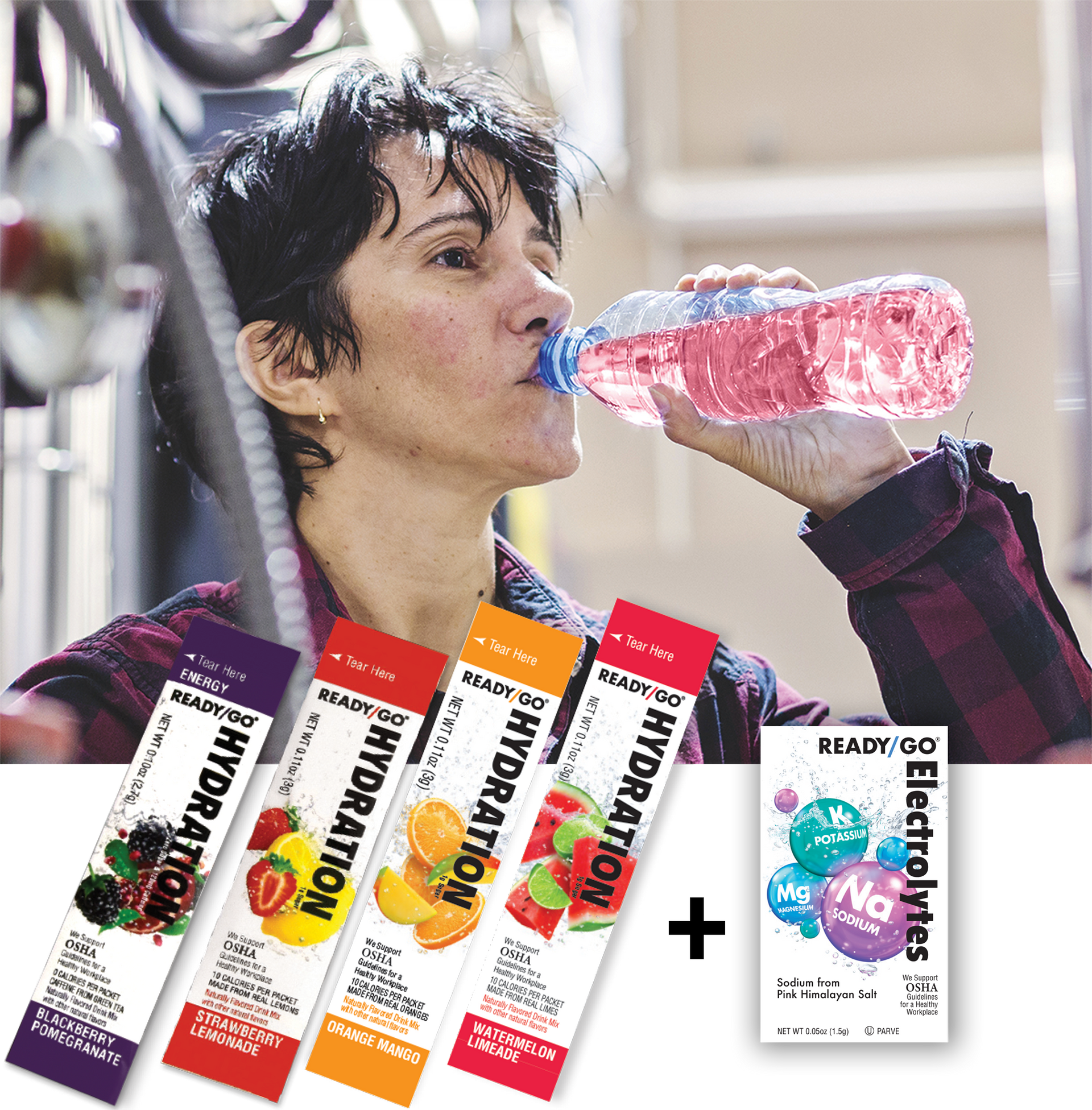 A woman staying hydrated by using a Ready/Go® Hydration drink mix with an overlay image of four packets of Ready/Go® Hydration drink mix - one each of the four flavors; Strawberry Lemonade, Orange Mango, Watermelon Limeade and ENERGY Blackberry Pomegranate.