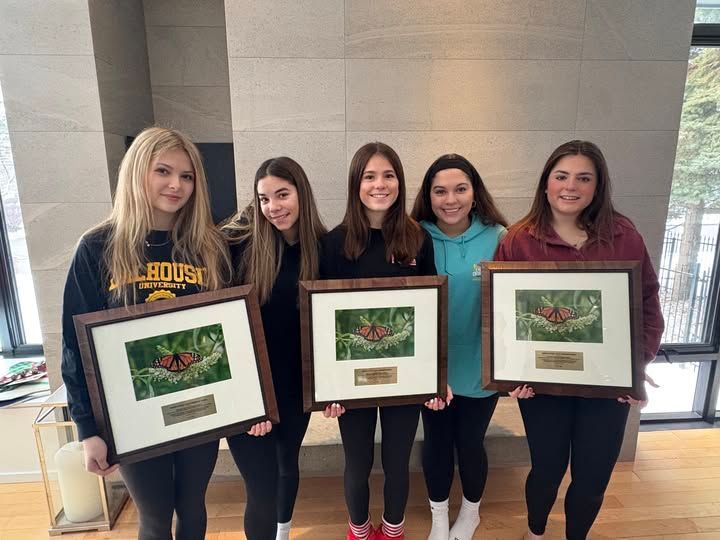 Emilie, Ellen, Paige, Maggie and Taylor receiving the 2025 Ontario Nature Youth Leadership Award for  the Monarch Butterfly Eclipse Project.