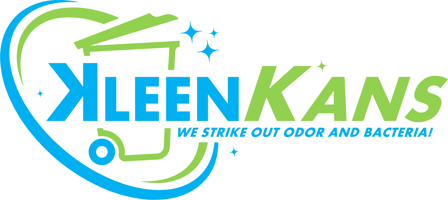 The logo for kleen kans is blue and green and says we strike out odor and bacteria.