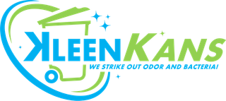 The logo for kleen kans is blue and green and says we strike out odor and bacteria.