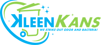 The logo for kleen kans is blue and green and says we strike out odor and bacteria.