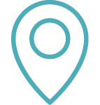 A blue map pin with a circle in the middle on a white background.