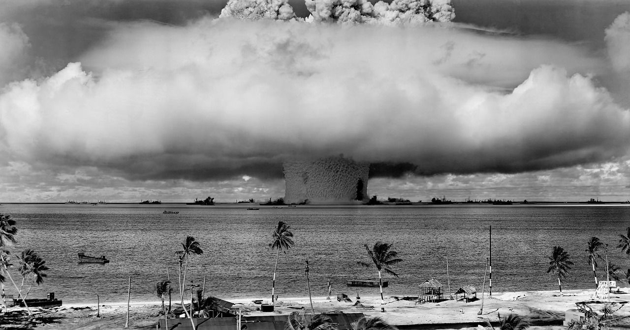 A slight exaggeration of a furnace puffback, shows a mushroom cloud off the coast