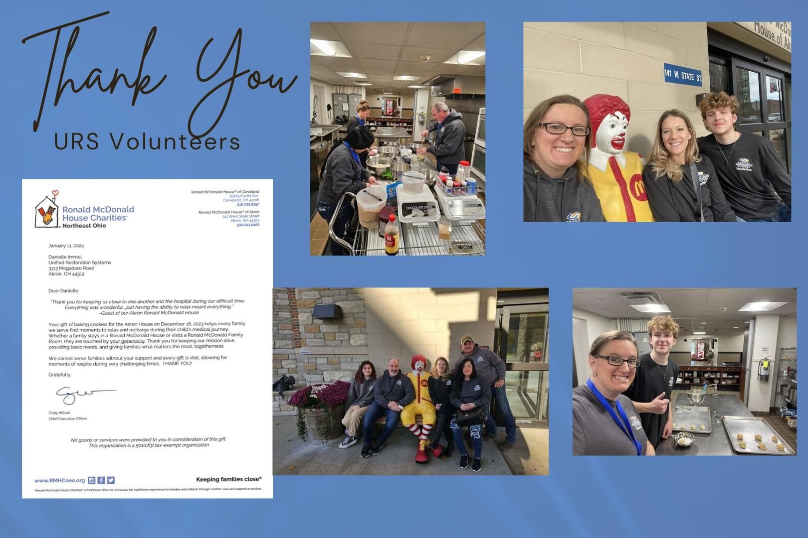 Ronald Mcdonald House Charities thank you letter to Unified Restoration Systems Volunteers