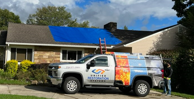A home with a tarp on the roof and a Unified Restoration Systems storm damage truck out front