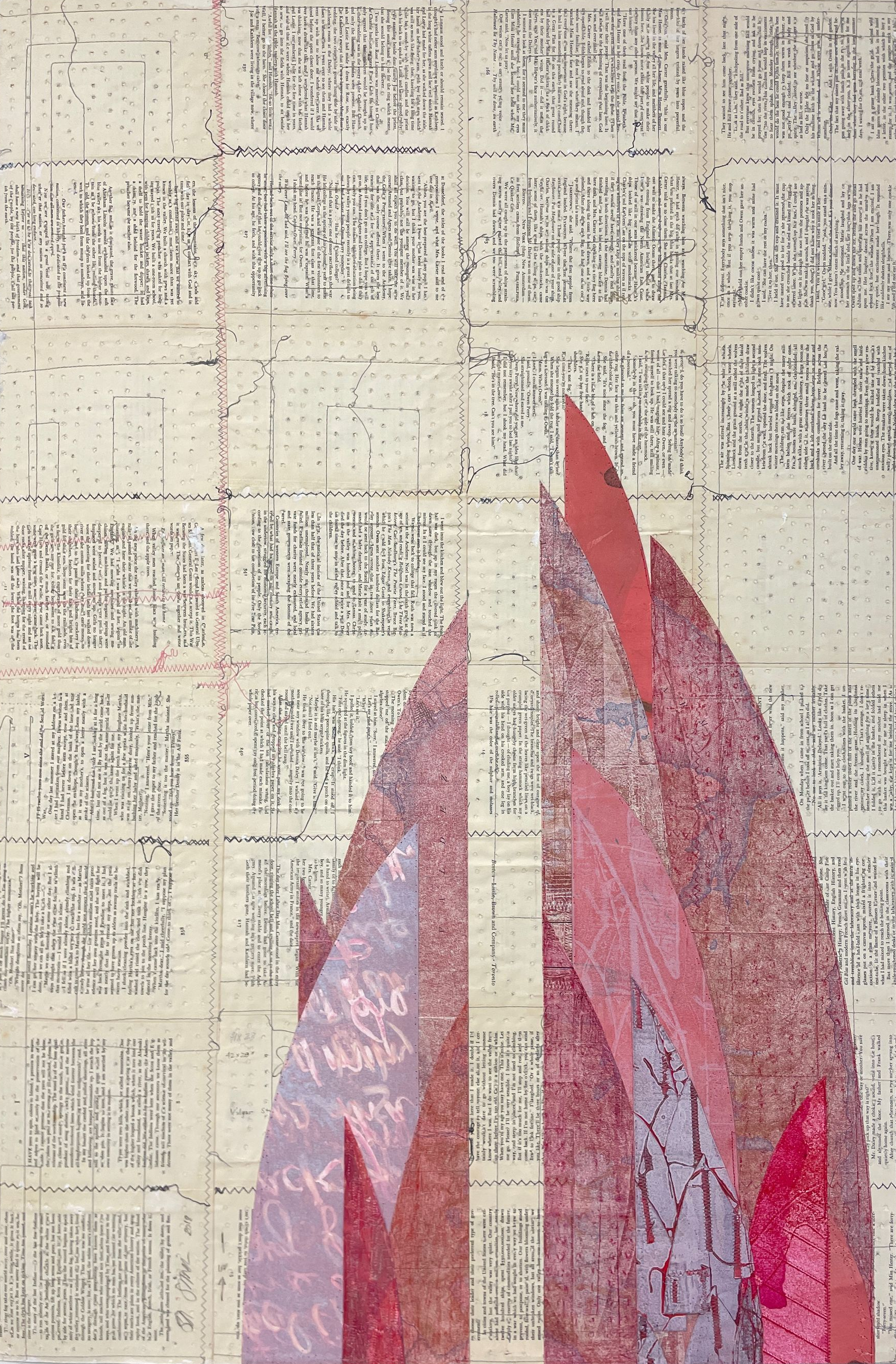 Abstract red and pink leaf-like shapes over a faded newspaper-text collage background