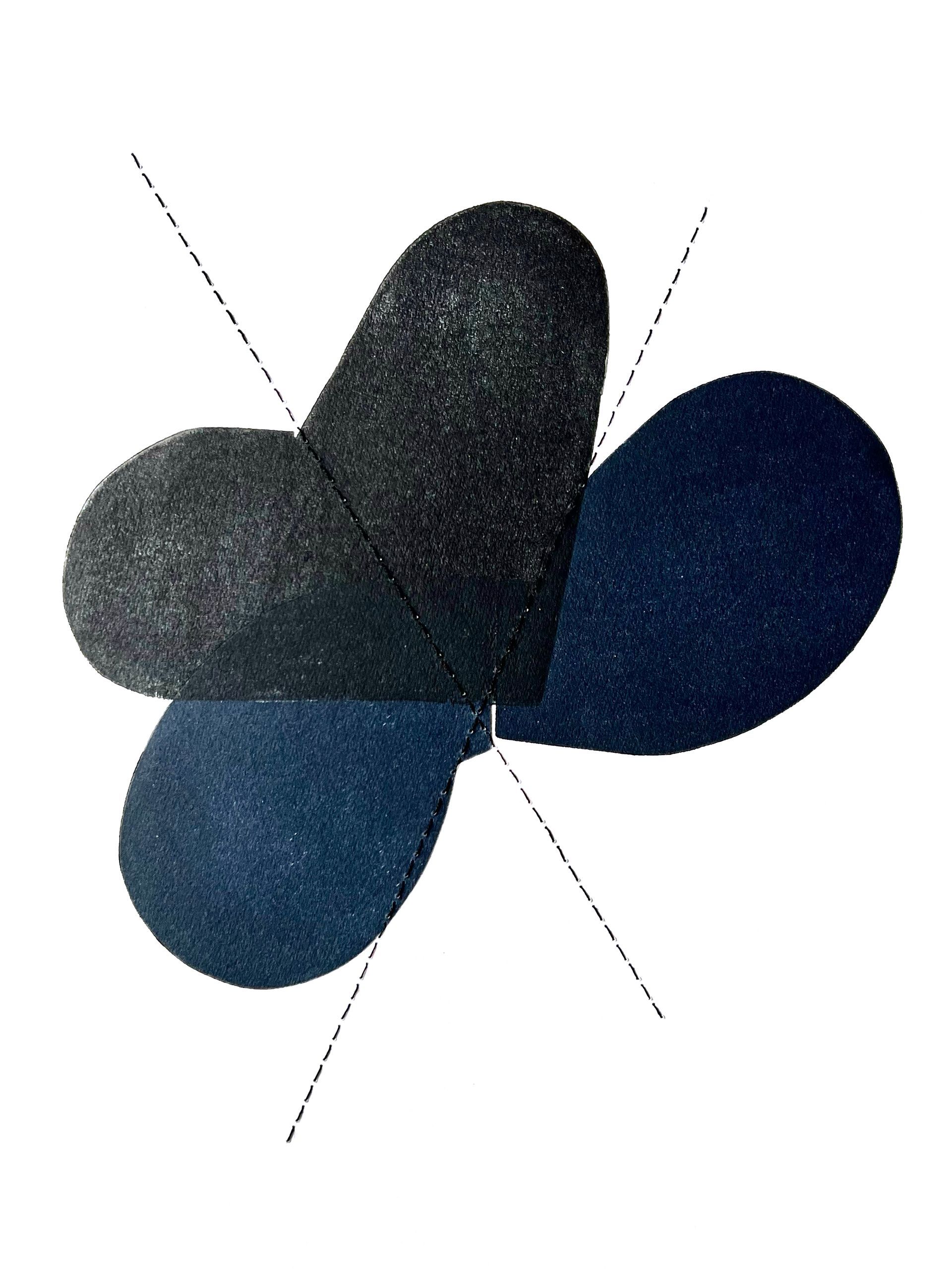 Abstract four-petal logo in dark blue, black, and gray on a white background