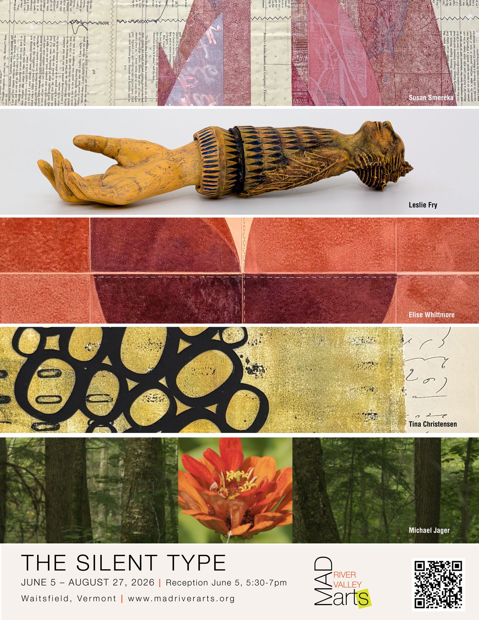 Collage of textile art: a wrapped arm, abstract patterned circles, and title text “THE SILENT TYPE” with a QR code