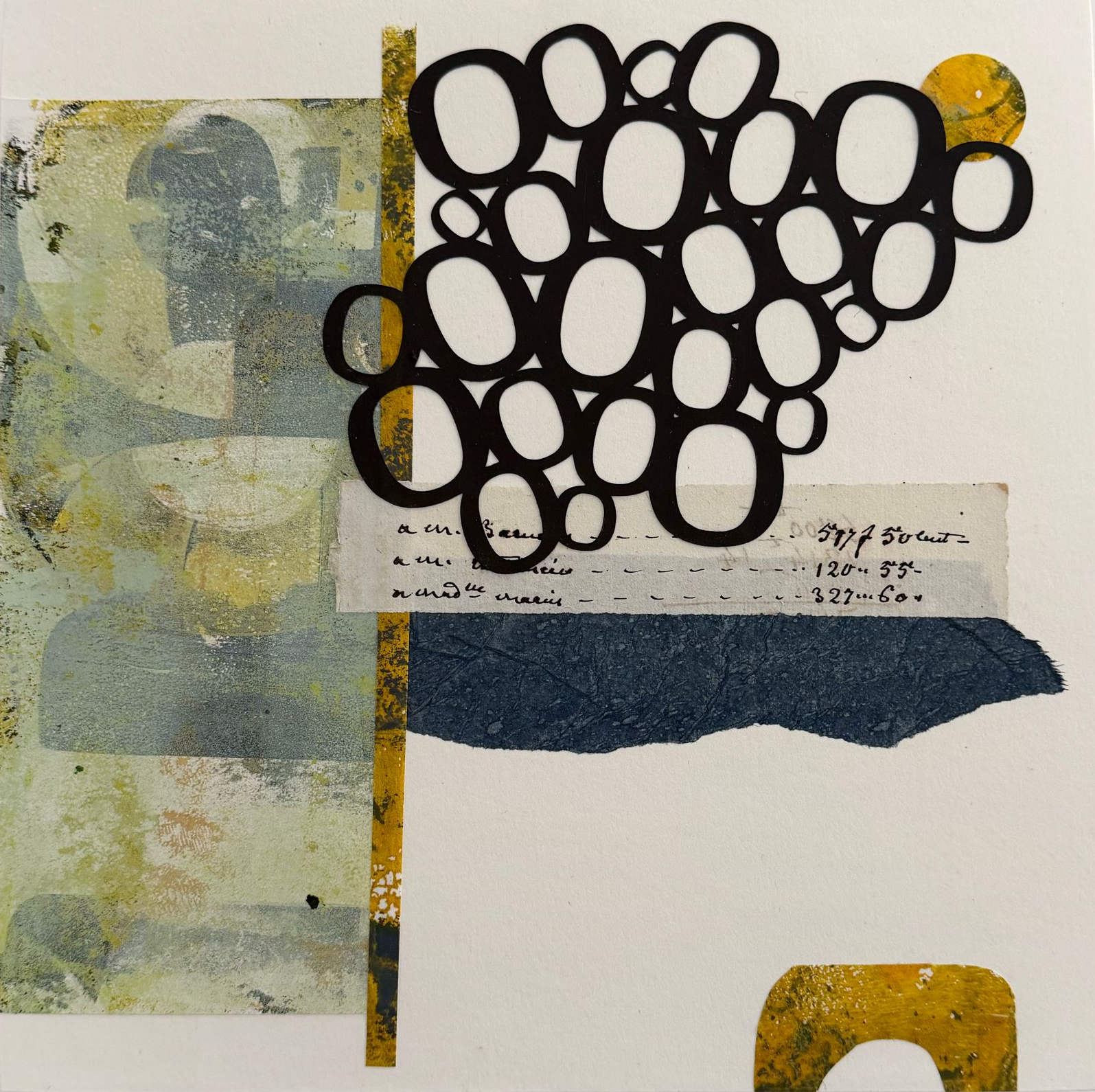 Abstract collage with black circles, blue textured strip, muted yellow-green paper, and handwritten labels