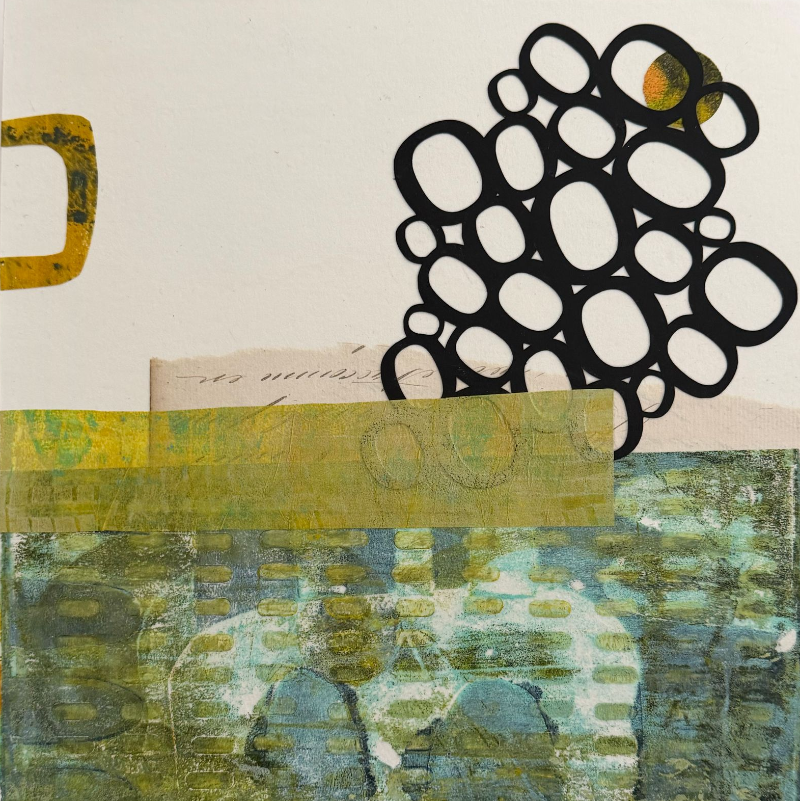 Abstract collage with black bubble-like circles over green and yellow textured layers