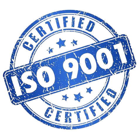 A blue stamp that says iso 9001 certified