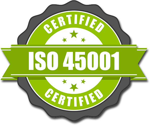 A green and white certified iso 45001 seal