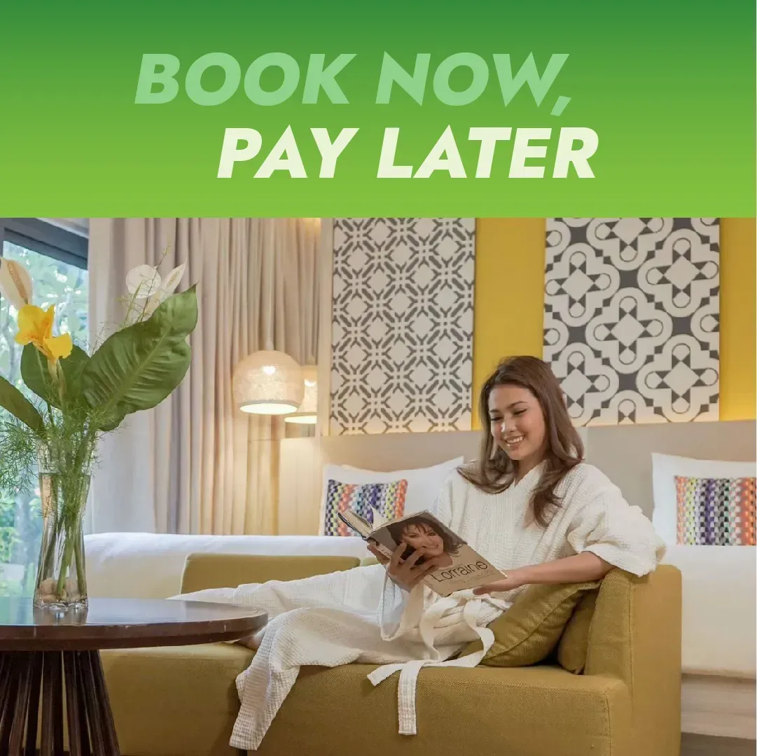 Relaxed guest enjoying book now pay later offer at best Puerto Princesa hotel with contemporary room design