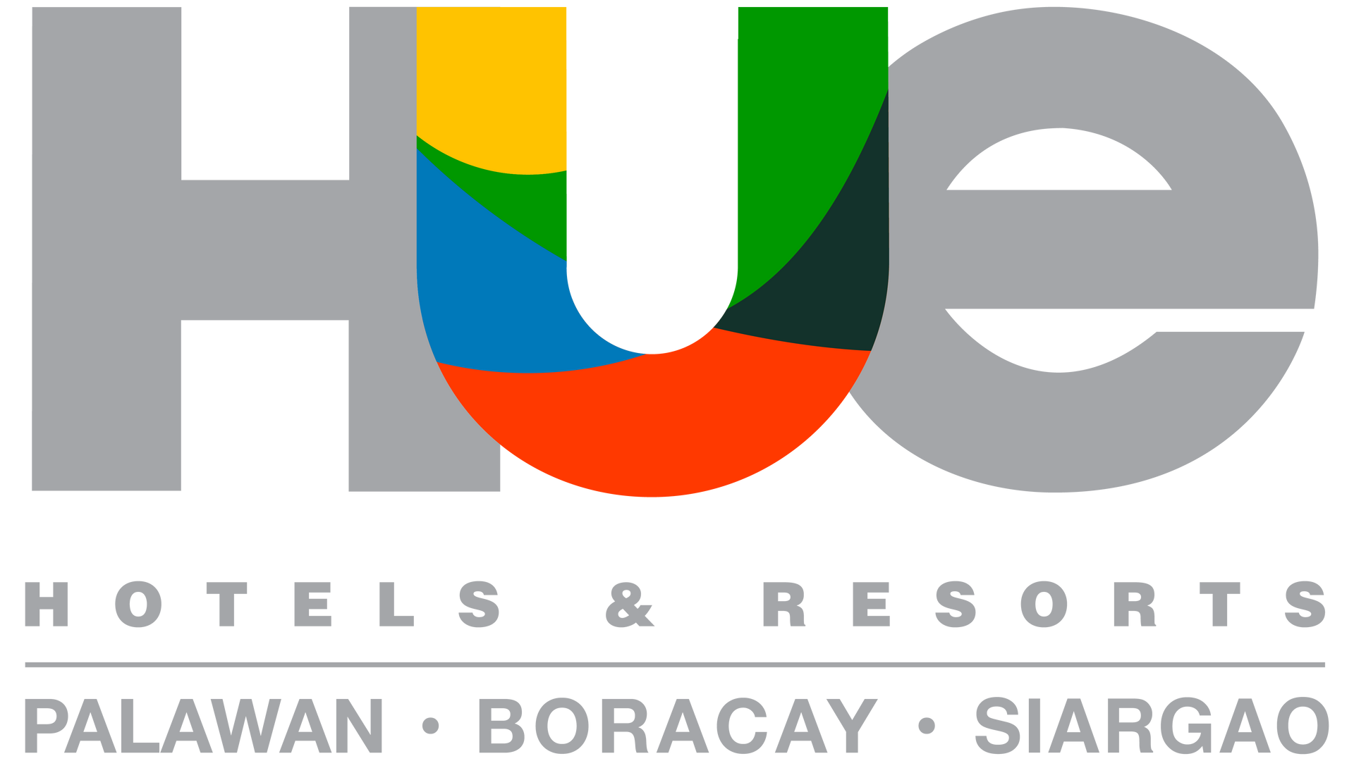 A logo for hue hotels and resorts with a rainbow in the middle