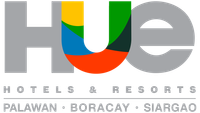 A logo for hue hotels and resorts with a rainbow in the middle