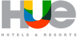 A logo for hue hotels and resorts with a rainbow in the middle