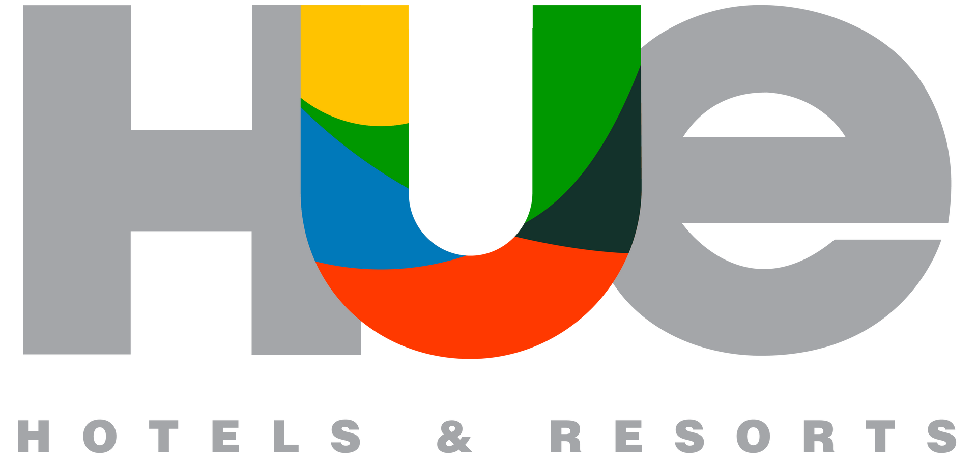 A logo for hue hotels and resorts with a rainbow in the middle