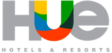 A logo for hue hotels and resorts with a rainbow in the middle