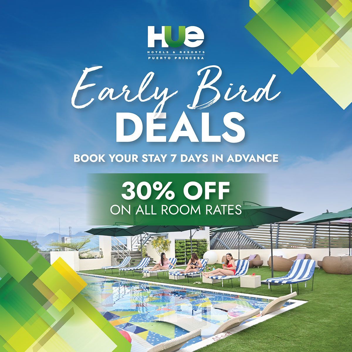 Modern room at Hue Hotel - Puerto Princesa featuring 35% advance booking discount, white bedding, and vibrant green accents