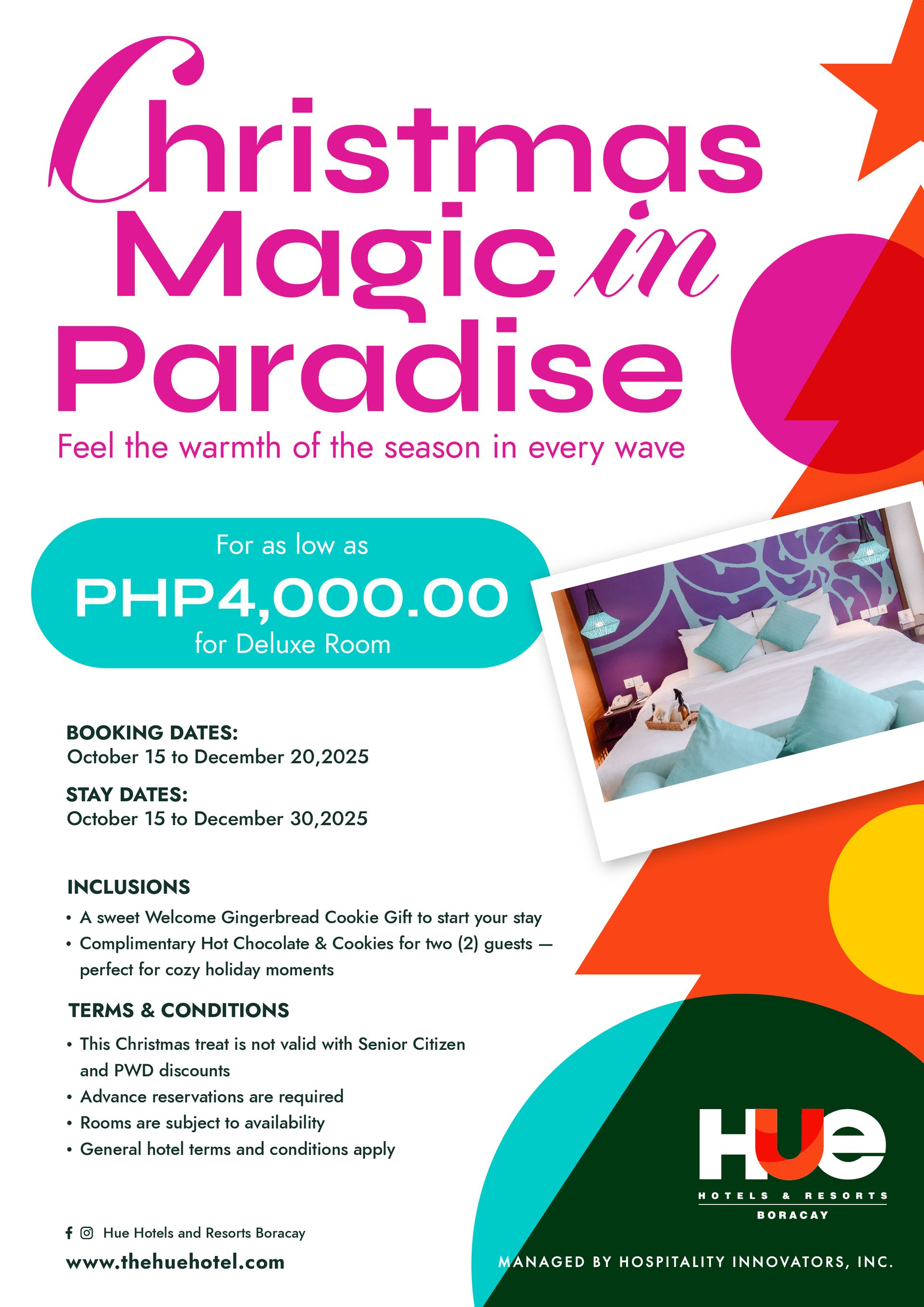 Christmas hotel promotion with room photo, price PHP4,000, and booking dates: Oct-Dec.