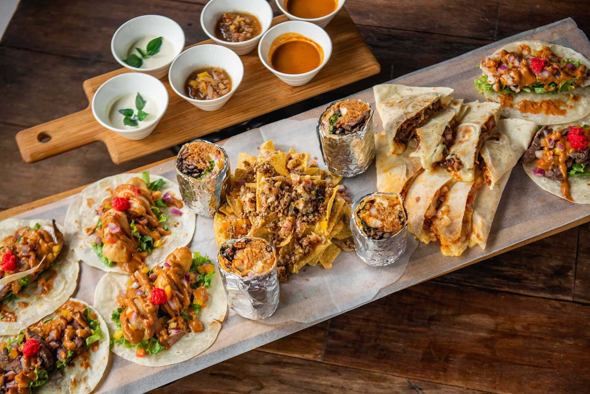 There are many different types of food on the table.