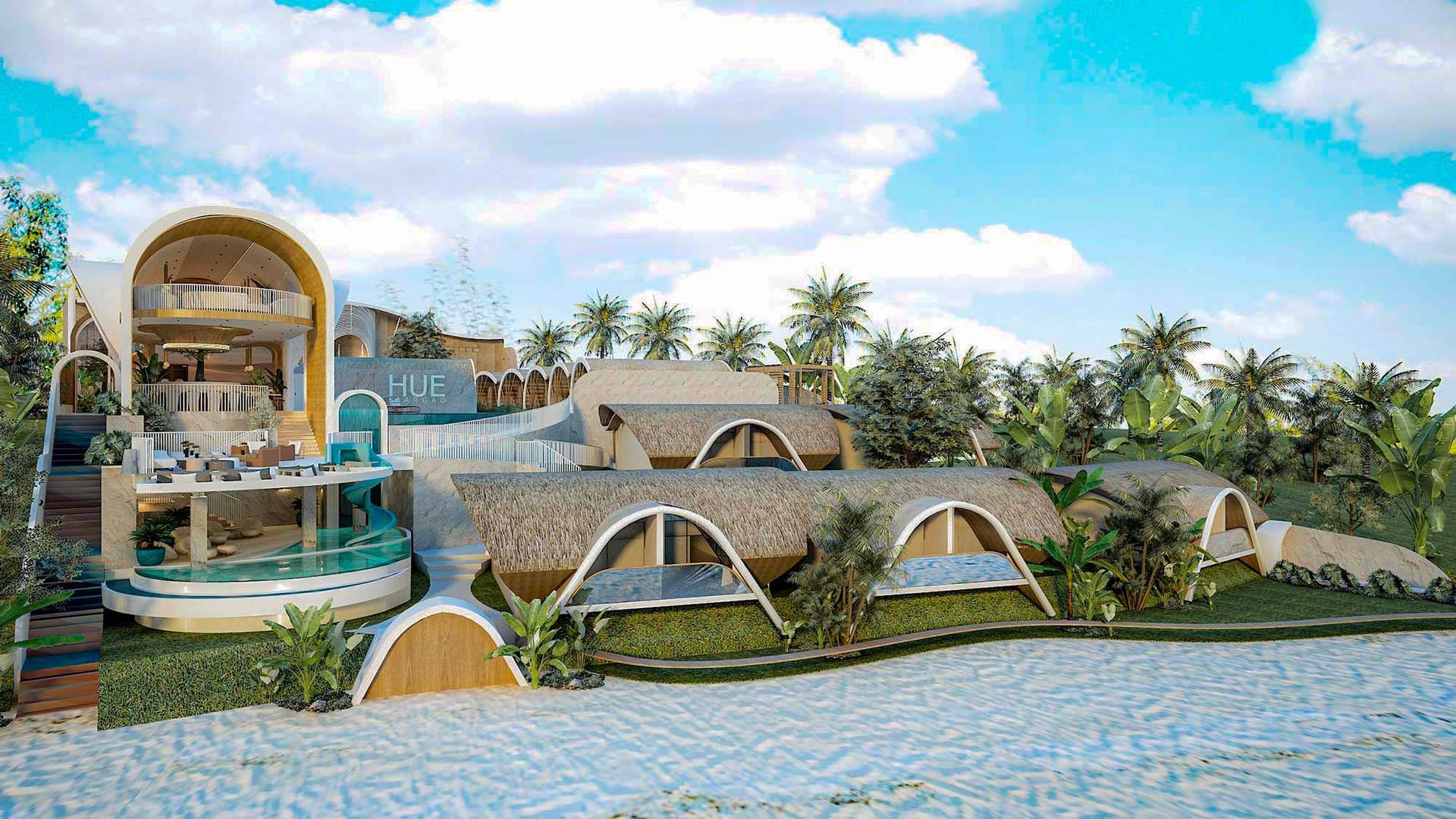 Modern resort with arched villas and tropical landscaping beside a blue lagoon