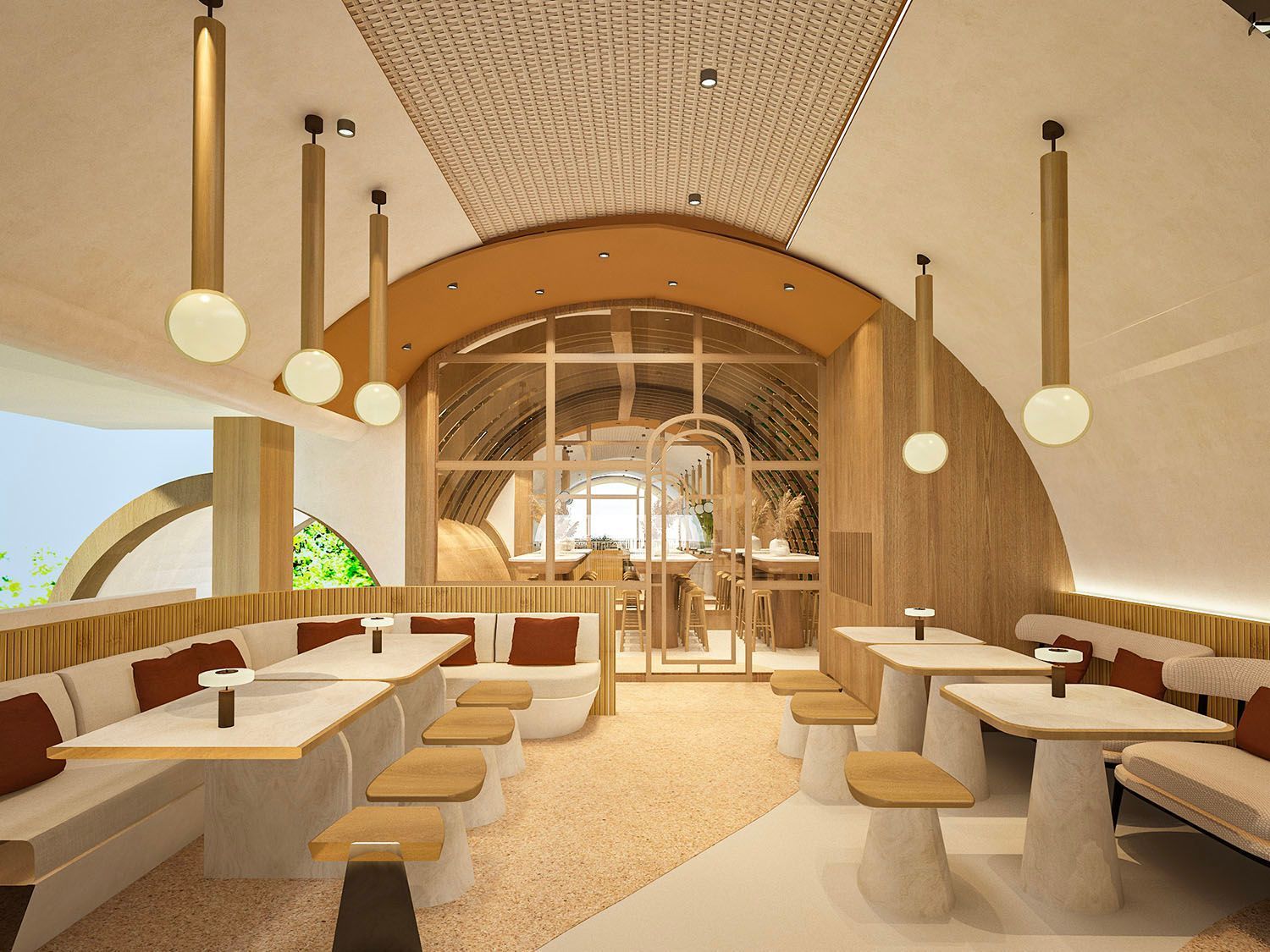Modern café interior with curved booths, round pendant lights, and wood-accented walls