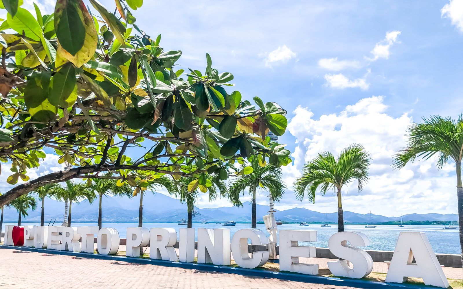 Puerto Princesa sign on a waterfront with palm trees, blue sky, and mountains in the background.