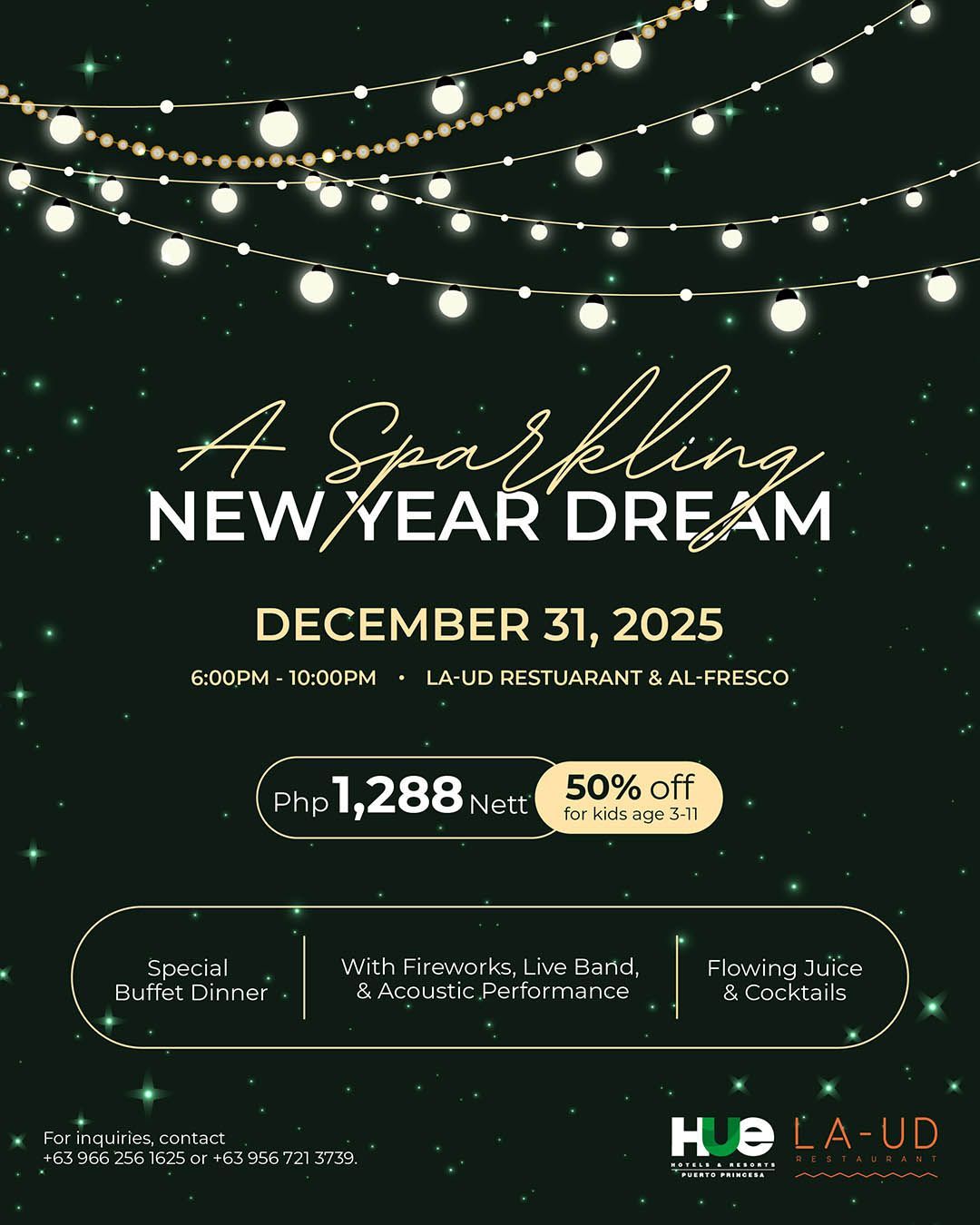 New Year 2026 Eve dinner special at best Puerto Princesa Palawan hotel featuring fireworks, live band, unlimited drinks and festive buffet package