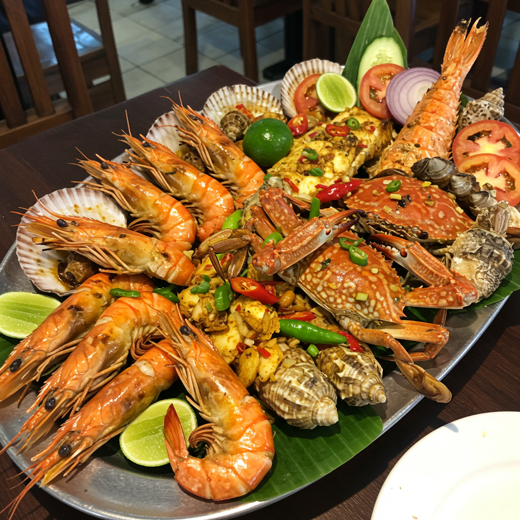 A large platter of seafood including shrimp crabs and scallops at KaLui