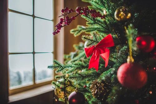 A christmas tree with red decorations and a red bow is in front of a window.