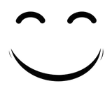 Smiling face icon with closed eyes and curved black mouth on white background